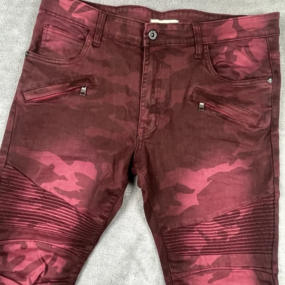 Smoke Rise Jeans Men 40x32 Red Burgundy Camo Straight Leg Slim Denim Moto Grunge